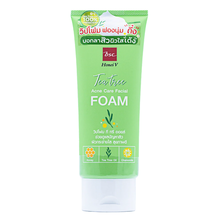 [ SET 1 แถม 2 ]  ซื้อ HONEI V BSC TEA TREE ACNE CARE FACIAL CLEANSER เจลล้างหน้า ดูแลผิวเป็นสิวง่าย 1 ชิ้น    แถม HONEI V BSC TEA TREE ACNE CARE FACIAL FOAM ฮันนี่ วี บีเอสซี ที ทรี แอคเน่ แคร์ เฟเชียล โฟม  2 ชิ้น HONEI V BSC