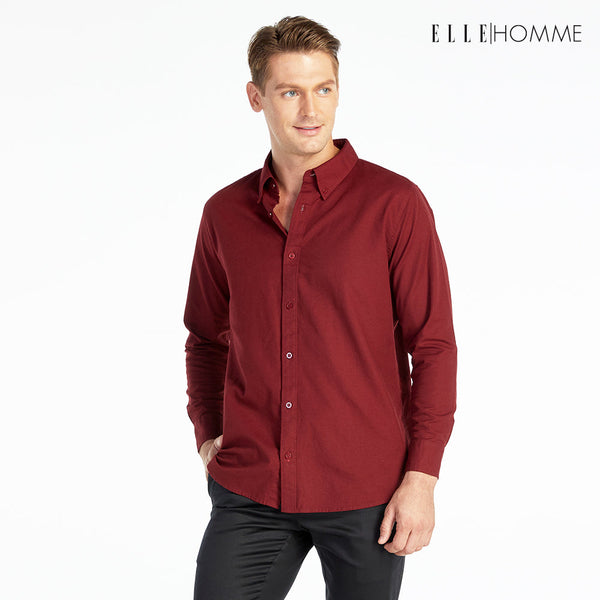 ELLE HOMME เสื้อเชิ้ตแขนยาว คอปก เนื้อผ้าผสม 100% คอตตอน สีแดงไวน์ (W8B675) ELLE HOMME