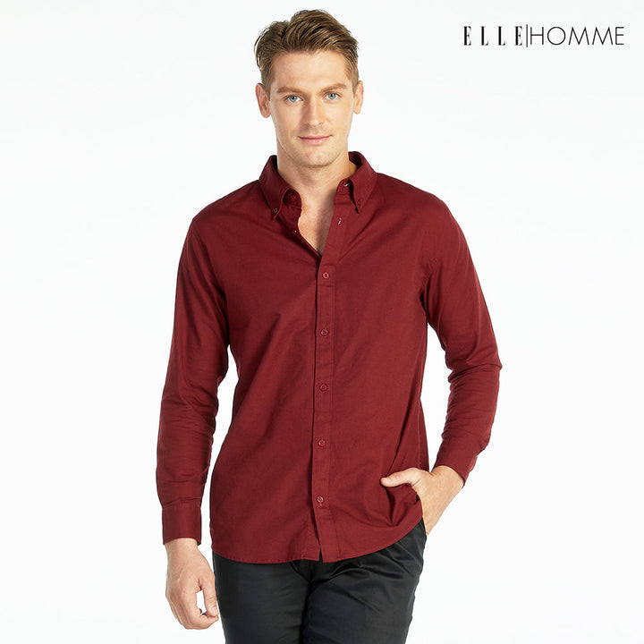 ELLE HOMME เสื้อเชิ้ตแขนยาว คอปก เนื้อผ้าผสม 100% คอตตอน สีแดงไวน์ (W8B675) ELLE HOMME