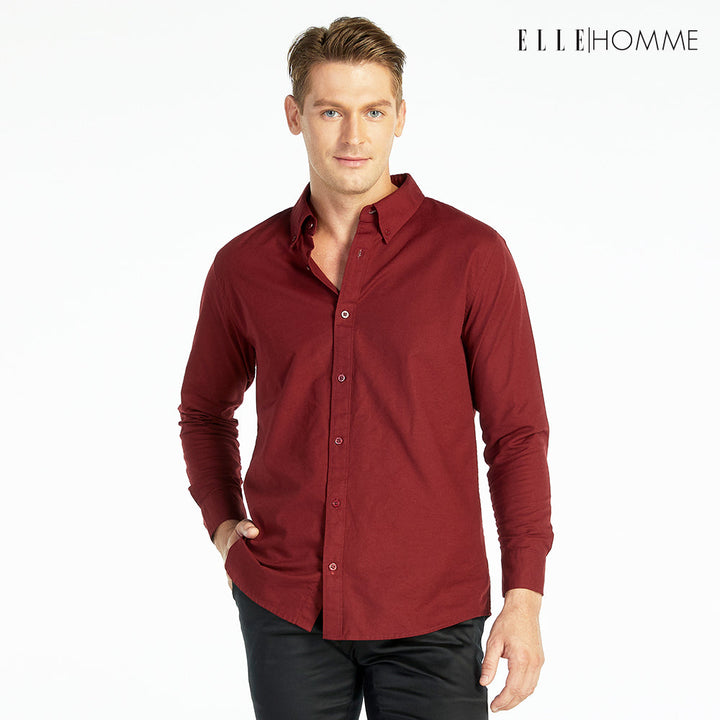 ELLE HOMME เสื้อเชิ้ตแขนยาว คอปก เนื้อผ้าผสม 100% คอตตอน สีแดงไวน์ (W8B675) ELLE HOMME