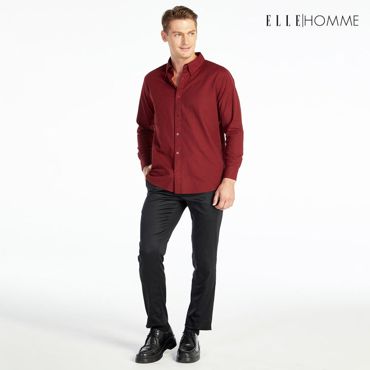 ELLE HOMME เสื้อเชิ้ตแขนยาว คอปก เนื้อผ้าผสม 100% คอตตอน สีแดงไวน์ (W8B675) ELLE HOMME