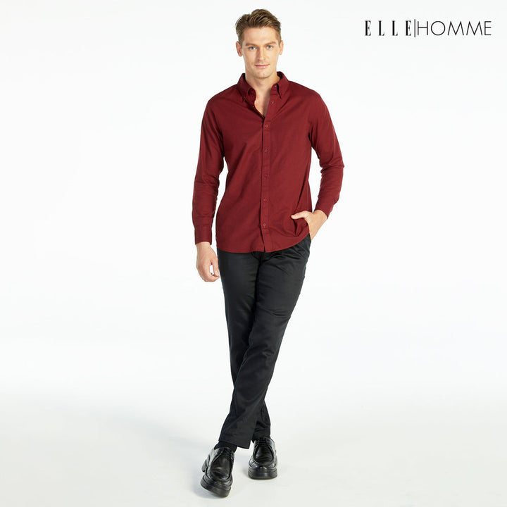 ELLE HOMME เสื้อเชิ้ตแขนยาว คอปก เนื้อผ้าผสม 100% คอตตอน สีแดงไวน์ (W8B675) ELLE HOMME