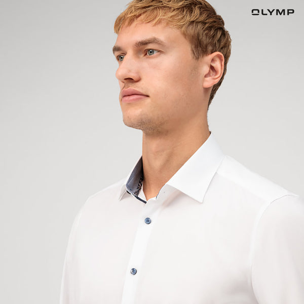 OLYMP 24/Seven Level Five Shirt เสื้อเชิ้ตปรับอุณหภูมิ  สีขาว ผ้าเรียบแต่งปก ทรงพอดีตัว ยืดหยุ่นได้ดี  ควบคุมกลิ่น เบาเหมือนสวมใส่ชุดกีฬา  SUMM24 