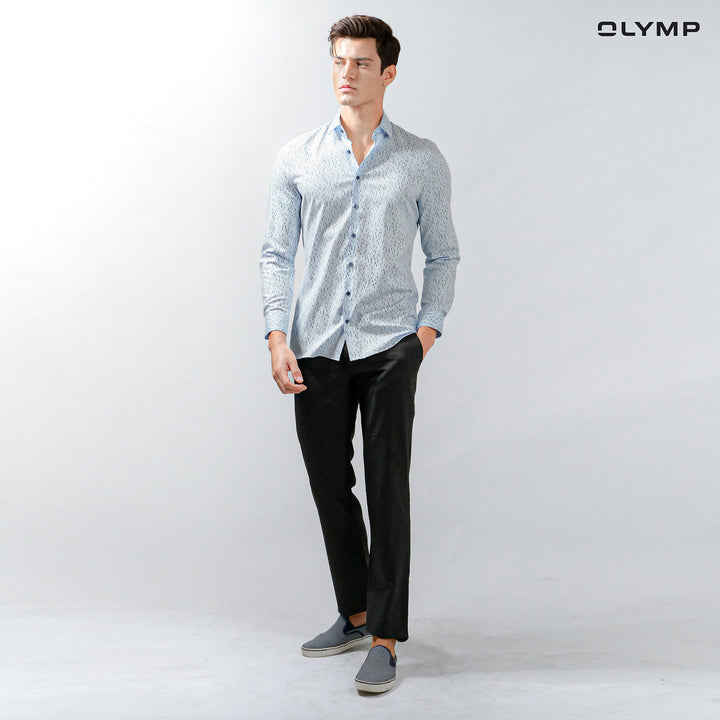 OLYMP  No. Six Shirt เสื้อเชิ้ตชาย สีฟ้า พิมพ์ลาย ทรงเข้ารูป ยืดหยุ่นได้ดี รีดง่าย AUTU23 