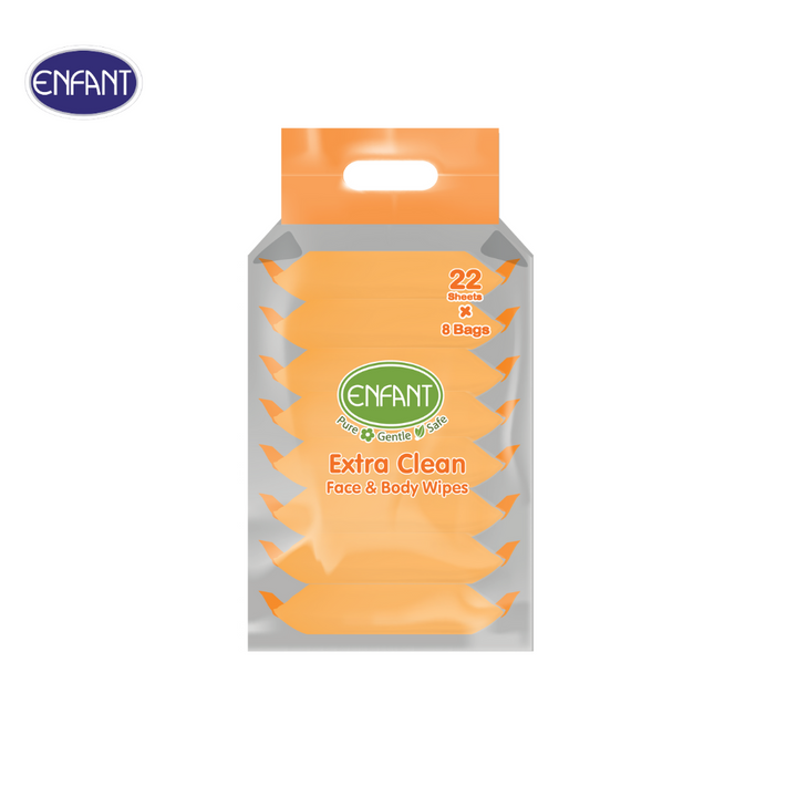 ENFANT (อองฟองต์) Extra Clean Face & Body Wipes ผ้าเช็ดทำความสะอาดแบบเปียก สูตร Orange Peel Oil 1แพ็ค/8ห่อ 22แผ่น/ห่อ ICCSHOPPING