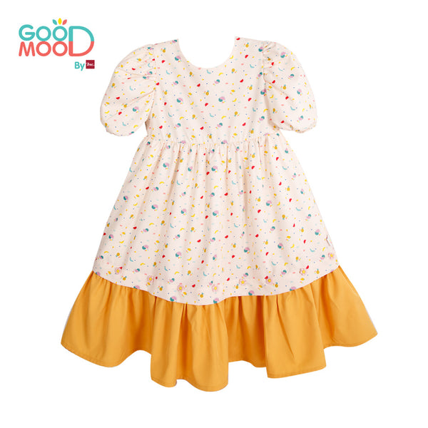 Good Mood by bsc ชุดกระโปรง สีครีม พิมพ์ลายผลไม้+ชายกระโปรง สีเหลือง สำหรับเด็กอายุ 2-9 ปี ผ้าไหมอิตาลี่ ICCSHOPPING