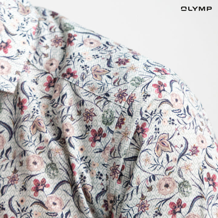 OLYMP  LUXOR Shirt เสื้อเชิ้ตผู้ชายแขนสั้น สีเขียวอ่อน พิมพ์ลายกราฟิกดอกไม้ ทรงหลวม ใส่สบาย รีดง่าย AUTU24 