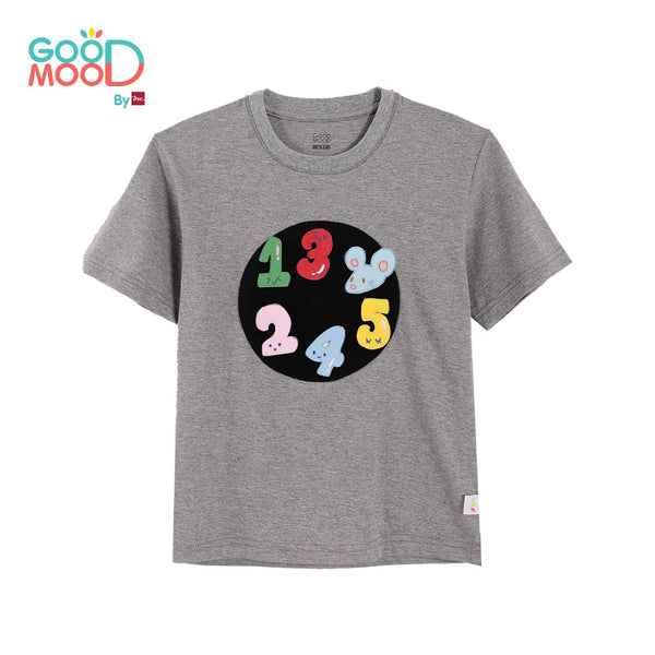 Good Mood by bsc เสื้อยืดคอกลม แขนสั้น สีเทา + PATCHES ลายตัวเลข 6 ชิ้น สำหรับเด็กอายุ 2-9 ปี ผ้าคอตตอน ICCSHOPPING