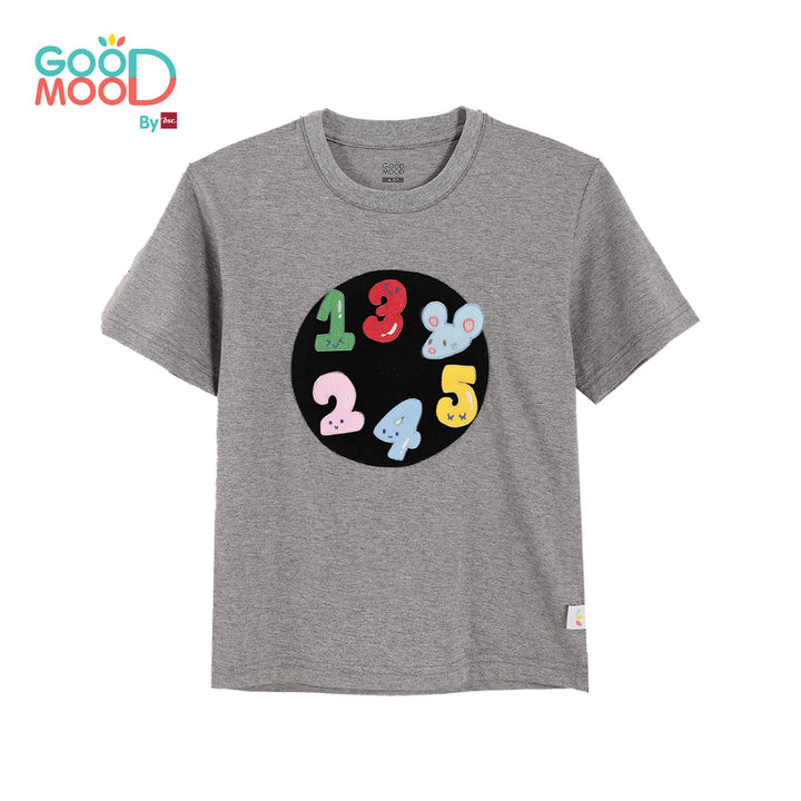 Good Mood by bsc เสื้อยืดคอกลม แขนสั้น สีเทา + PATCHES ลายตัวเลข 6 ชิ้น สำหรับเด็กอายุ 2-9 ปี ผ้าคอตตอน ICCSHOPPING
