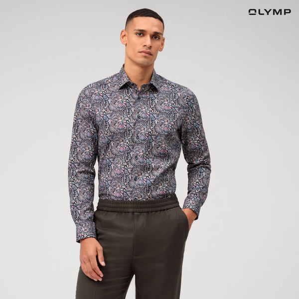 "OLYMP  Level Five Shirt เสื้อเชิ้ตชาย ผ้าเรียบลายพิมพ์กราฟิก สีกรมท่าเข้ม  ทรงพอดีตัว ยืดหยุ่นได้ดี รีดง่าย SUMM24 