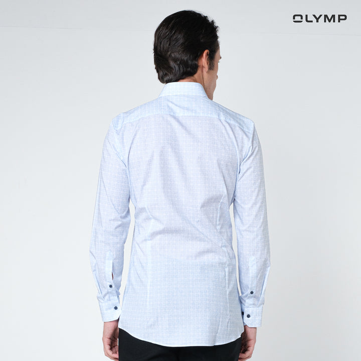 OLYMP  No. Six Shirt เสื้อเชิ้ตผ้าเรียบพิมพ์ลายเรโทรสีฟ้าอ่อน มีความยืดหยุ่น   ทรงเข้ารูป ยืดหยุ่นได้ดี รีดง่าย SUMM24 
