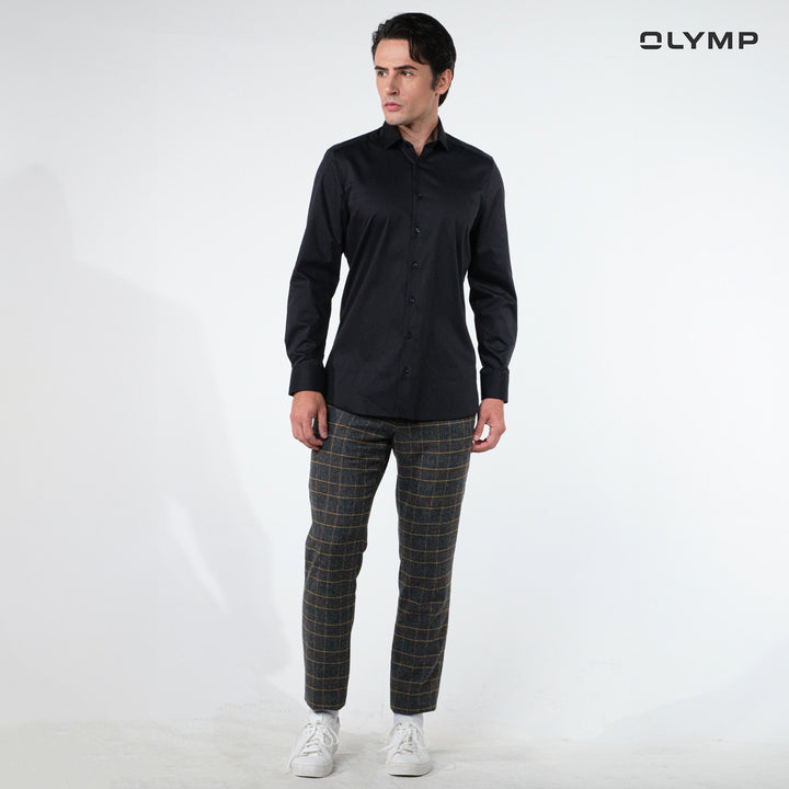 OLYMP  Level Five Shirt เสื้อเชิ้ตชาย สีดำผ้าเท็กเจอร์ไดมอนด์  ทรงพอดีตัว ยืดหยุ่นได้ดี รีดง่าย SUMM24 