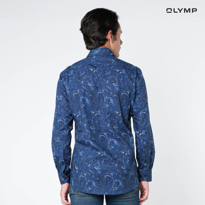 OLYMP  LUXOR Shirt เสื้อเชิ้ตชาย สีกรมท่า ลายพิมพ์ paisley  ทรงหลวม  รีดง่าย SUMM24 
