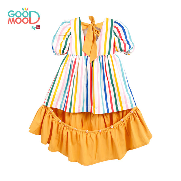 Good Mood by bsc ชุดกระโปรง สีแฟนซี พิมพ์ลายริ้วตรง+ชายกระโปรง สีเหลือง สำหรับเด็กอายุ 2-9 ปี ผ้าไหมอิตาลี่ ICCSHOPPING
