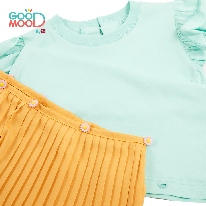 Good Mood by bsc เสื้อยืดแขนระบาย สีเขียวมิ้นต์+ชายกระโปรงอัดพลีท สีเหลือง สำหรับเด็กอายุ 2-9 ปี ผ้าคอตตอน ICCSHOPPING