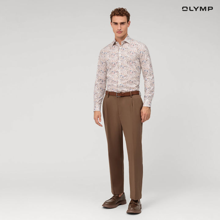 OLYMP  Level Five Shirt เสื้อเชิ้ตชาย ผ้าเรียบลายพิมพ์กราฟิก สีเบจ  ทรงพอดีตัว ยืดหยุ่นได้ดี รีดง่าย SUMM24 