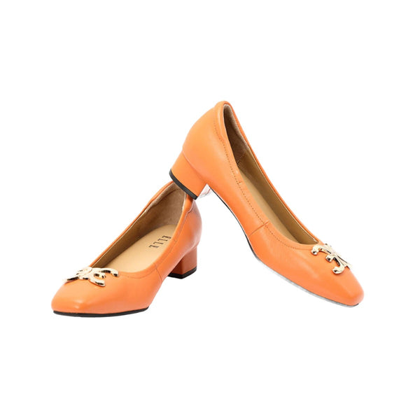 ELLE SHOES รองเท้าหนังแกะ ทรงส้นเหลี่ยม LAMB SKIN COMFY COLLECTION รุ่น Block heel สีส้ม ELB003 Elle