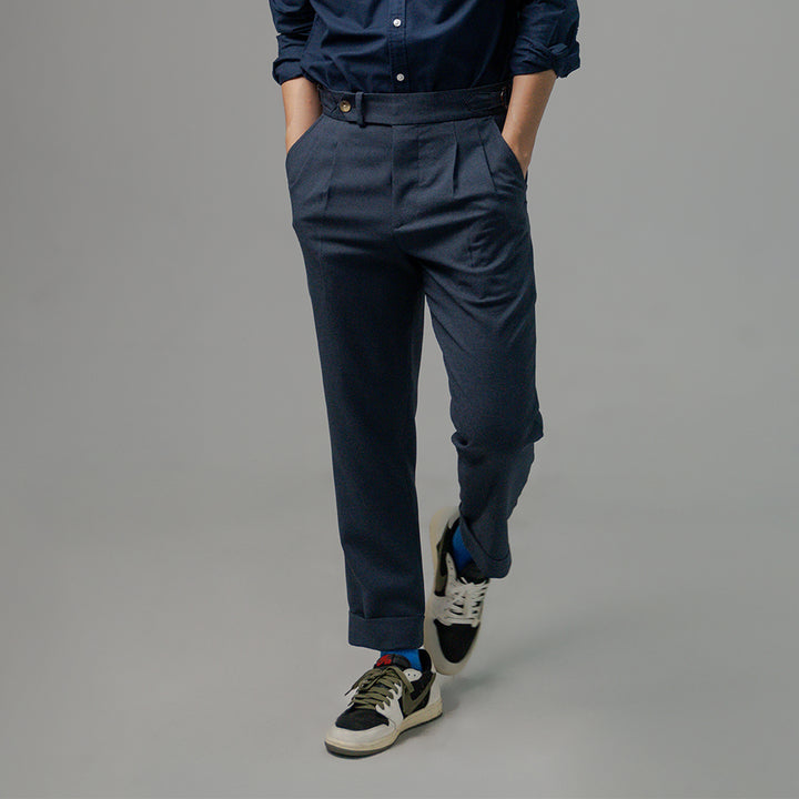 era-won กางเกงขายาว รุ่น Double Belts Trousers V2 ทรง Skinny Crop เอวสูง สี Navy (กรม) ผ้าใหม่ 