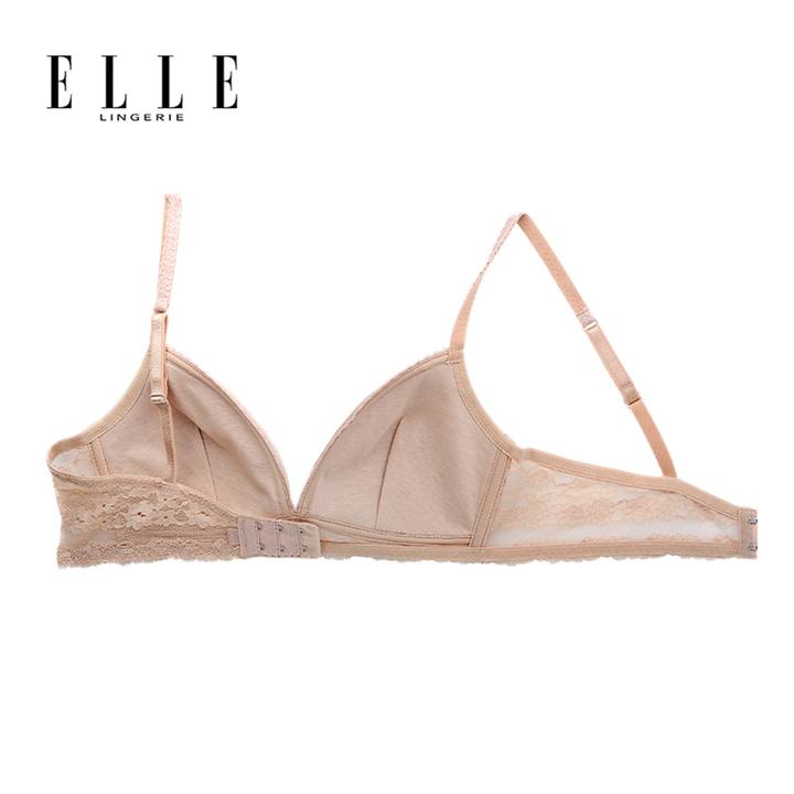 ELLE lingerie Moulded bra ยกทรงไร้โครงเต้าสามเหลี่ยมแต่งพลีทและผ้าลูกไม้ สีเบจ (LB6721) Elle