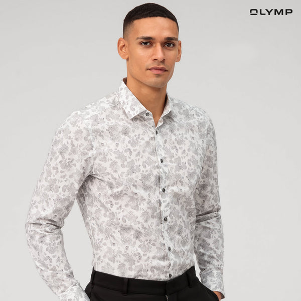 OLYMP  Level Five Shirt เสื้อเชิ้ตชาย ผ้าเรียบ ลายกราฟิกดอกไม้  ทรงพอดีตัว ยืดหยุ่นได้ดี รีดง่าย SUMM24 