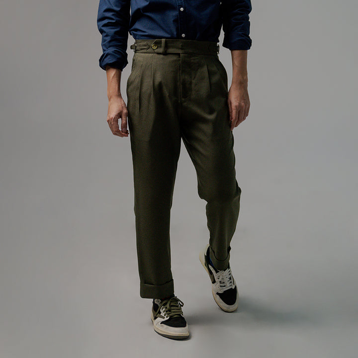 era-won กางเกงขายาว รุ่น Double Belts Trousers V2 ทรง Skinny Crop เอวสูง สี Olive (เขียวขี้ม้า) ผ้าใหม่ 