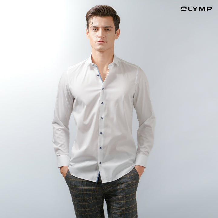OLYMP  Level Five Shirt เสื้อเชิ้ตรักษ์โลก สีขาว แต่งดีเทล ทรงพอดีตัว ยืดหยุ่นได้ดี รีดง่าย AUTU23 