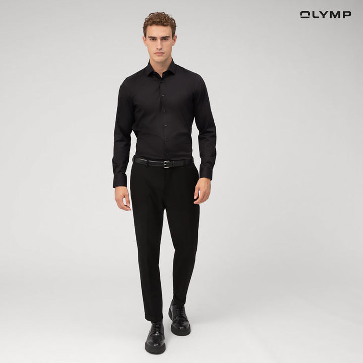 OLYMP  Level Five Shirt เสื้อเชิ้ตชาย สีดำผ้าเท็กเจอร์ไดมอนด์  ทรงพอดีตัว ยืดหยุ่นได้ดี รีดง่าย SUMM24 