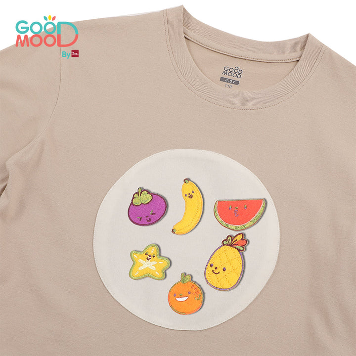 Good Mood by bsc เสื้อยืดคอกลม แขนสั้น สีเบจ + PATCHES ลายผลไม้ 6 ชิ้น สำหรับเด็กอายุ 2-9 ปี ผ้าคอตตอน ICCSHOPPING