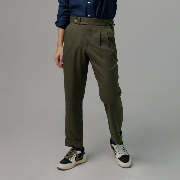 era-won กางเกงขายาว รุ่น Double Belts Trousers V2 ทรง Skinny Crop เอวสูง สี Olive (เขียวขี้ม้า) ผ้าใหม่ 