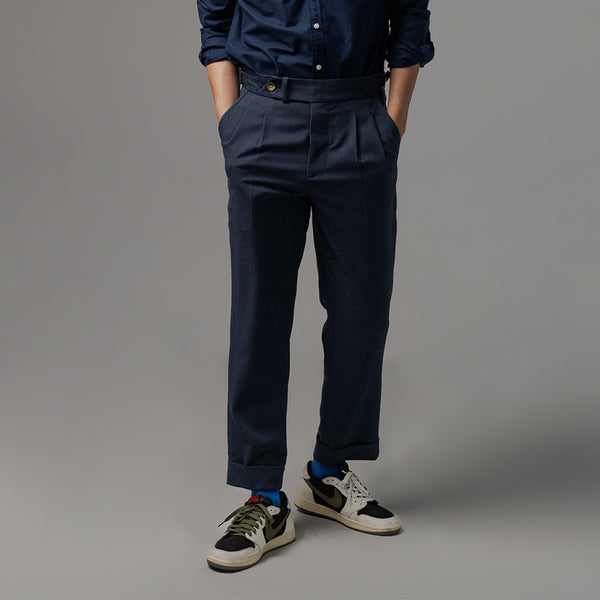 era-won กางเกงขายาว รุ่น Double Belts Trousers V2 ทรง Skinny Crop เอวสูง สี Navy (กรม) ผ้าใหม่ 