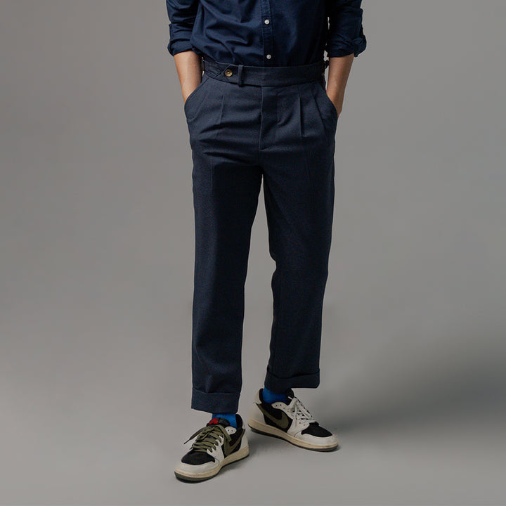 era-won กางเกงขายาว รุ่น Double Belts Trousers V2 ทรง Skinny Crop เอวสูง สี Navy (กรม) ผ้าใหม่ 