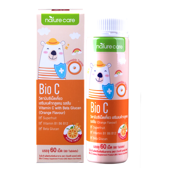 BSC Nature Care Bio C ไบโอซี วิตามินซีเคี้ยวรสส้ม สำหรับเด็ก เสริมภูมิคุ้มกันให้ลูกแข็งแรง 1ขวด/60เม็ด