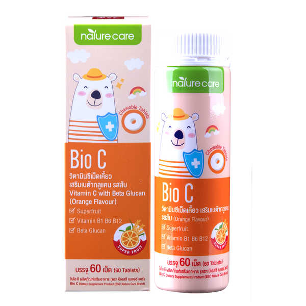 BSC Nature Care Bio C ไบโอซี วิตามินซีเคี้ยวรสส้ม สำหรับเด็ก เสริมภูมิคุ้มกันให้ลูกแข็งแรง 1ขวด/60เม็ด BSC Happy Age