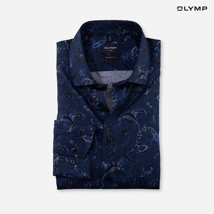 OLYMP  LUXOR Shirt เสื้อเชิ้ตชาย สีกรมท่า ลายพิมพ์ paisley  ทรงหลวม  รีดง่าย SUMM24 