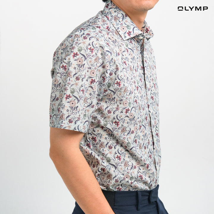 OLYMP  LUXOR Shirt เสื้อเชิ้ตผู้ชายแขนสั้น สีเขียวอ่อน พิมพ์ลายกราฟิกดอกไม้ ทรงหลวม ใส่สบาย รีดง่าย AUTU24 