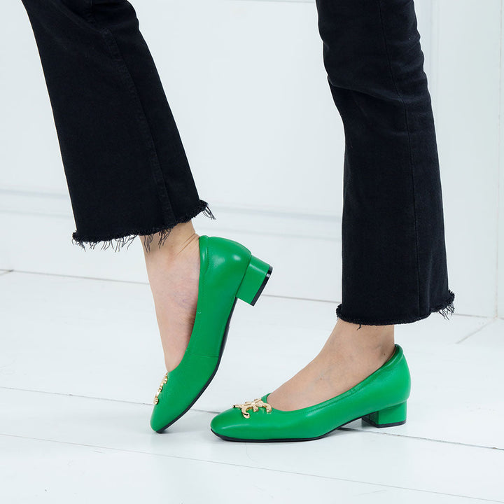 ELLE SHOES รองเท้าหนังแกะ ทรงส้นเหลี่ยม LAMB SKIN COMFY COLLECTION รุ่น Block heel สีเขียว ELB003 Elle