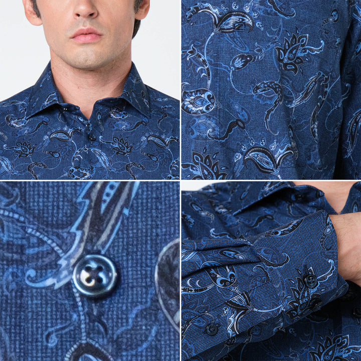 OLYMP  LUXOR Shirt เสื้อเชิ้ตชาย สีกรมท่า ลายพิมพ์ paisley  ทรงหลวม  รีดง่าย SUMM24 