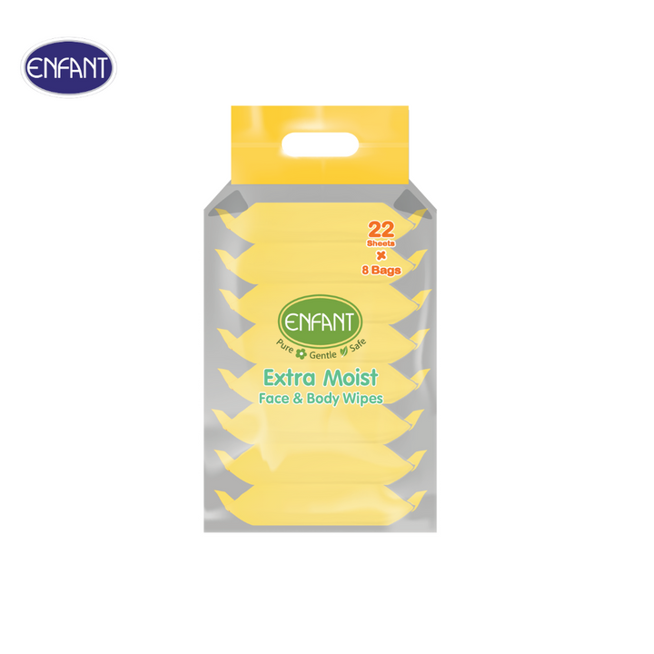 ENFANT (อองฟองต์) Extra Moist Face & Body Wipes ผ้าเช็ดทำความสะอาดแบบเปียก สูตร Organic Jojoba Oil 1แพ็ค/8ห่อ 22แผ่น/ห่อ ICCSHOPPING
