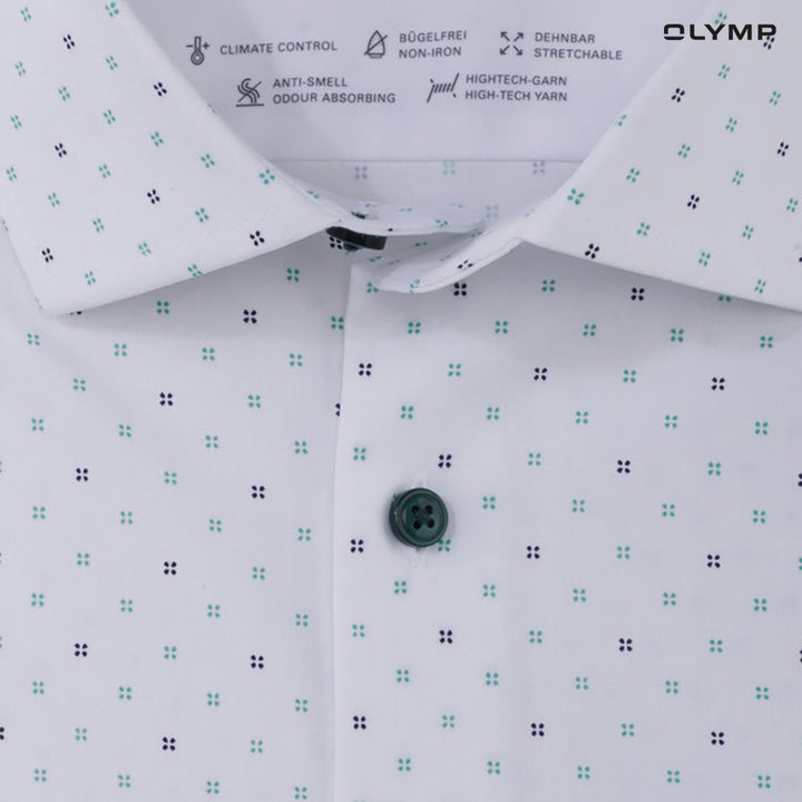 OLYMP  24/Seven LUXOR Shirt เสื้อเชิ้ตปรับอุณหภูมิ  สีขาวพิมพ์ลายมินิมัล ทรงหลวม ยืดหยุ่นได้ดี  ควบคุมกลิ่น เบาเหมือนสวมใส่ชุดกีฬา  SUMM24 