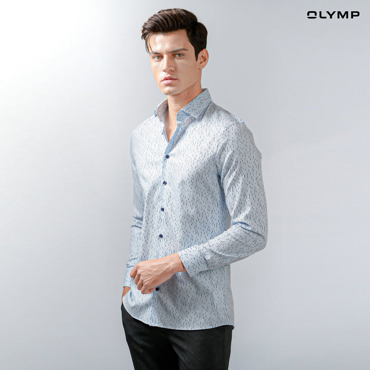 OLYMP  No. Six Shirt เสื้อเชิ้ตชาย สีฟ้า พิมพ์ลาย ทรงเข้ารูป ยืดหยุ่นได้ดี รีดง่าย AUTU23 