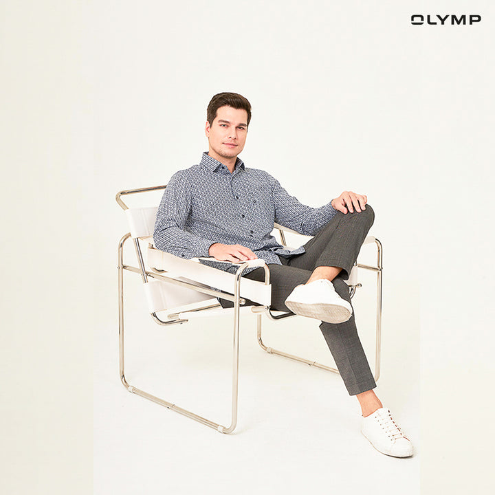 OLYMP  24/Seven LUXOR Shirt เสื้อเชิ้ตชาย สีกรมท่า ลายกราฟิก ทรงหลวม ปรับอุณหภูมิ ใส่สบาย รีดง่าย  AUTU23 