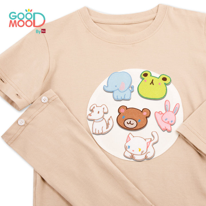 Good Mood by bsc เสื้อยืดคอกลมแขนยาวถอดแขน สีครีม + PATCHES ลายสัตว์ 6 ชิ้น สำหรับเด็กอายุ 2-9 ปี ผ้าคอตตอน ICCSHOPPING