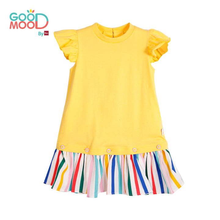 Good Mood by bsc เสื้อยืดแขนระบาย สีเหลือง+ชายกระโปรงลายริ้ว สีเหลือง สำหรับเด็กอายุ 2-9 ปี ผ้าคอตตอน ICCSHOPPING