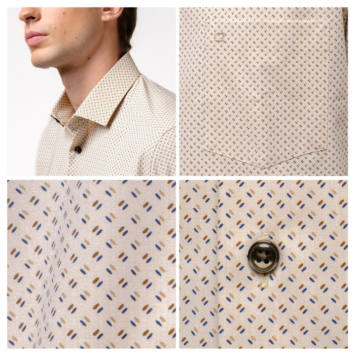 OLYMP  24/Seven DYNAMIC FLEX LUXOR Shirt เสื้อเชิ้ตชายแขนสั้น สีน้ำตาล ลายพิมพ์มินิมัล ทรงหลวม มีความยืดหยุ่น รีดง่าย (SPRING24) SPRI24 