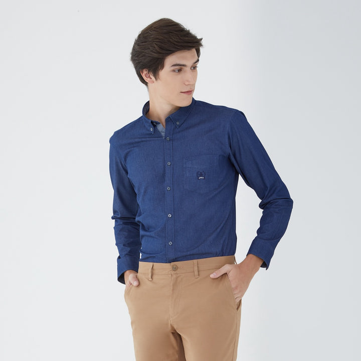 ARROW SOFT JEAN SHIRT - เนื้อยีนส์บาง สวมใส่สบาย- เสื้อเชิ้ตลำลองแขนยาวสีกรม ทรง SLIM FIT รหัส MACS774 NV 