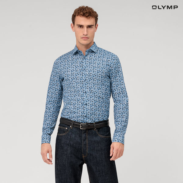 OLYMP  No. Six Shirt เสื้อเชิ้ต ผ้าเรียบพิมพ์ลายเรโทรสีฟ้าอ่อน มีความยืดหยุ่น   ทรงเข้ารูป ยืดหยุ่นได้ดี รีดง่าย SUMM24 