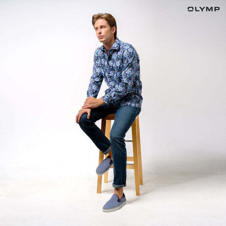 OLYMP  LUXOR Shirt เสื้อเชิ้ตชาย สีน้ำเงินเข้ม ลายพิมพ์ดอกไม้ ทรงหลวม ใส่สบาย รีดง่าย (SPRING24) SPRI24 