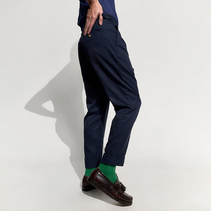 era-won กางเกงขายาว รุ่น Double Belts Trousers V4 ทรง Skinny Crop เอวสูง สี Shinori blue (กรม) ผ้าทอลาย 