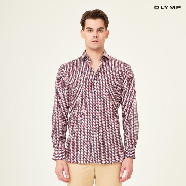 OLYMP  Level Five Shirt เสื้อเชิ้ตชาย สีชมพูแดง พิมพ์ลายกราฟิก ทรงพอดีตัว ยืดหยุ่นได้ดี รีดง่าย AUTU23 ICCSHOPPING