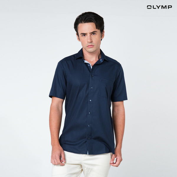 OLYMP  LUXOR Shirt เสื้อเชิ้ตชายแขนสั้น สีกรมท่า  ทรงหลวม ใส่สบาย รีดง่าย SUMM24 